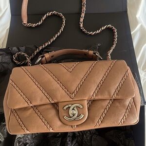 CHANEL Brown Chevron Stitched Leather Classic Top Handle Bag